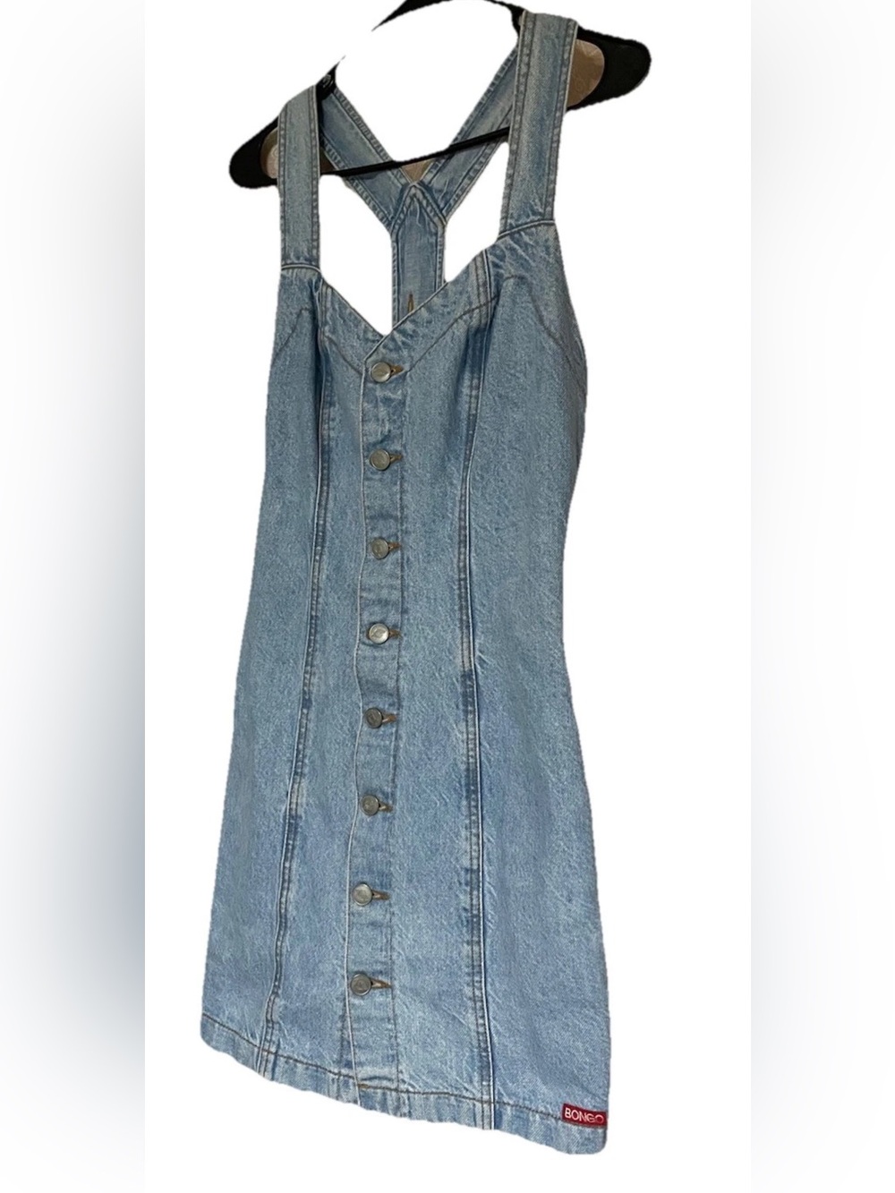 Vintage BONGO Gene Montesano Light Blue Button-Front Denim Overall Dress Y2K